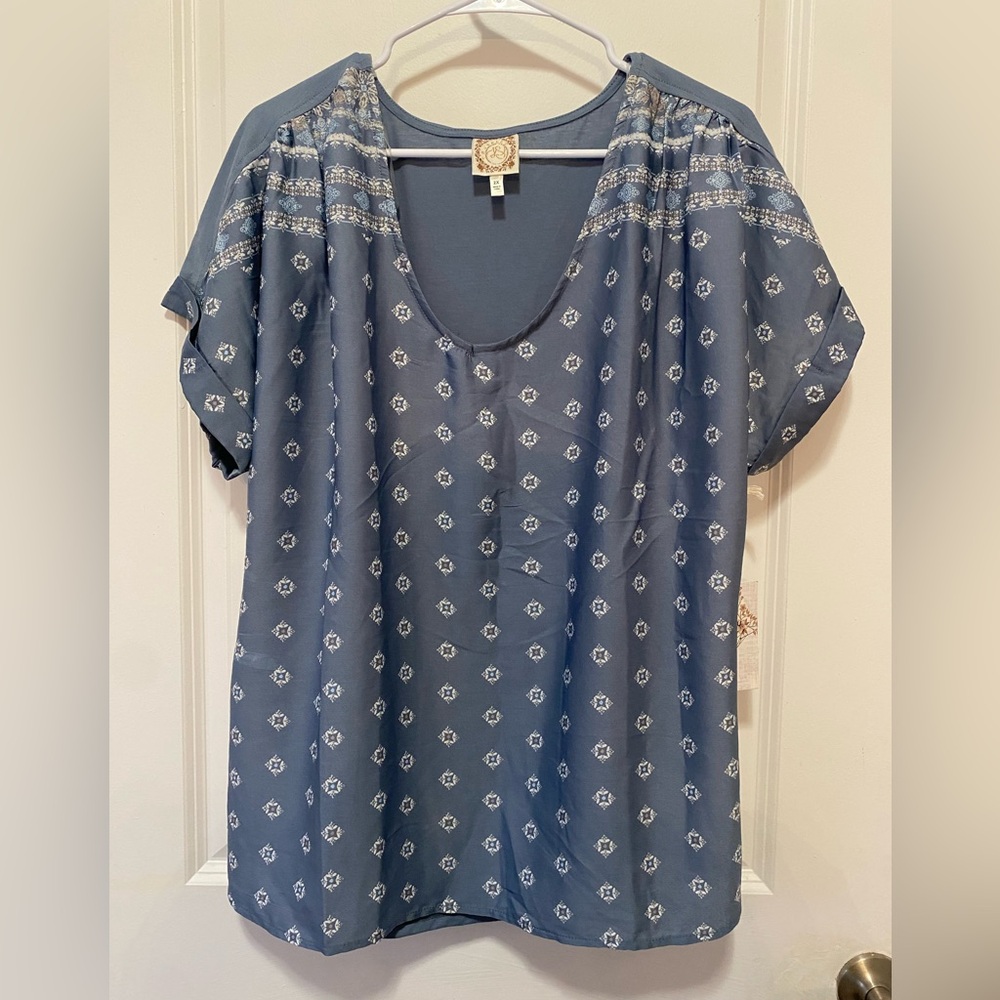 Truself Relaxed Blue Printed V-Neck Tunic Top